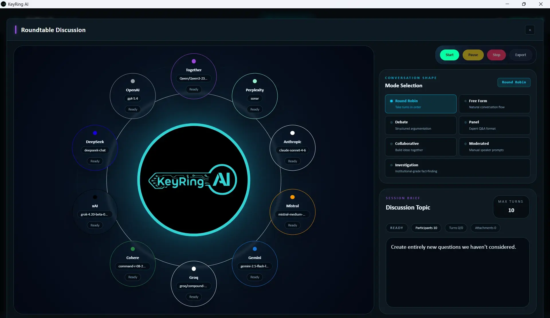 KeyRing AI roundtable session with provider participants arranged around a shared discussion canvas.